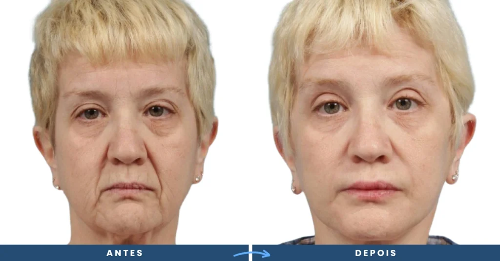 Antes e depois de lifting facial, destacando a redução visível de flacidez e rugas, com um rosto mais firme e rejuvenescido.